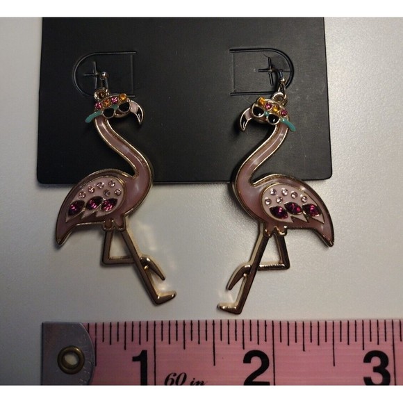 Flamingo Statement Hook Drop Earrings Summer Pink Florida Vacation Beach Sun - Picture 3 of 5